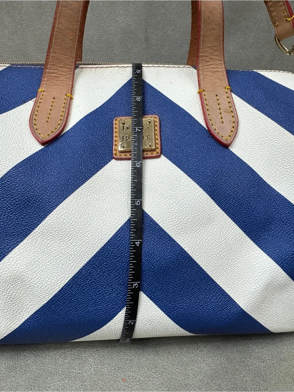 Dooney & Bourke Blue and White Chevron Duffel with Brown Leather Trim